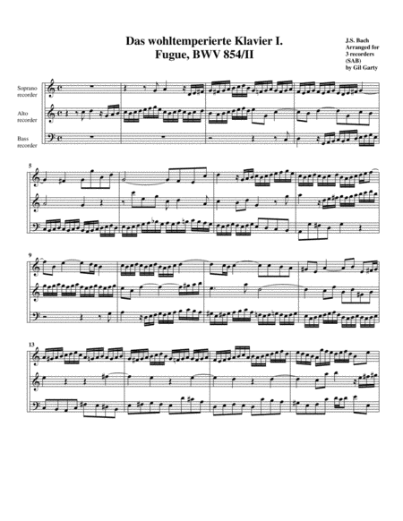 Fugue From Das Wohltemperierte Klavier I Bwv 854 Ii Arrangement For 3 Recorders Sheet Music