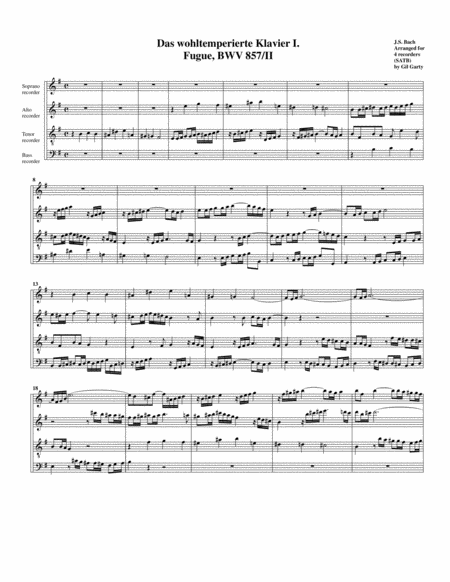 Fugue From Das Wohltemperierte Klavier I Bwv 857 Ii Arrangement For 4 Recorders Sheet Music