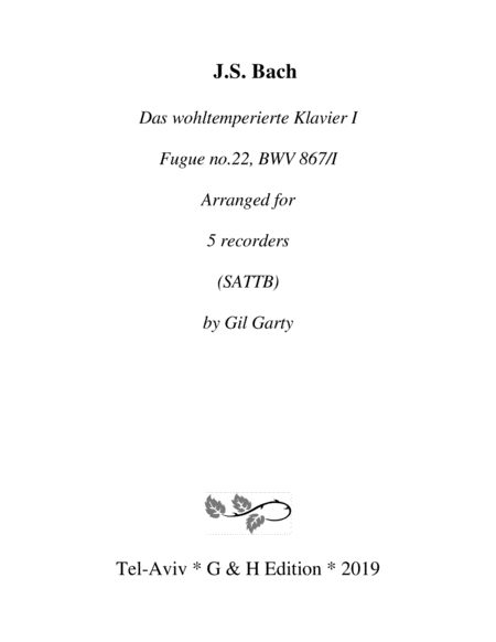 Fugue From Das Wohltemperierte Klavier I Bwv 867 Ii Version In A Minor Arrangement For 5 Recorders Sattb Sheet Music