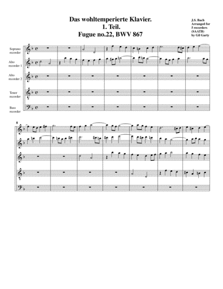 Free Sheet Music Fugue From Das Wohltemperierte Klavier I Bwv 867 Ii Version In D Minor Arrangement For 5 Recorders