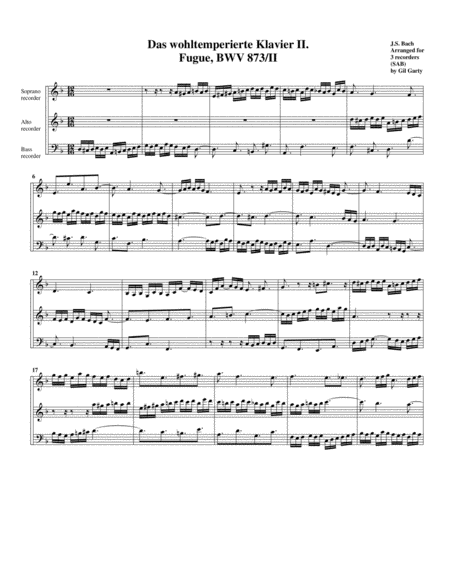 Free Sheet Music Fugue From Das Wohltemperierte Klavier Ii Bwv 873 Ii Arrangement For 3 Recorders