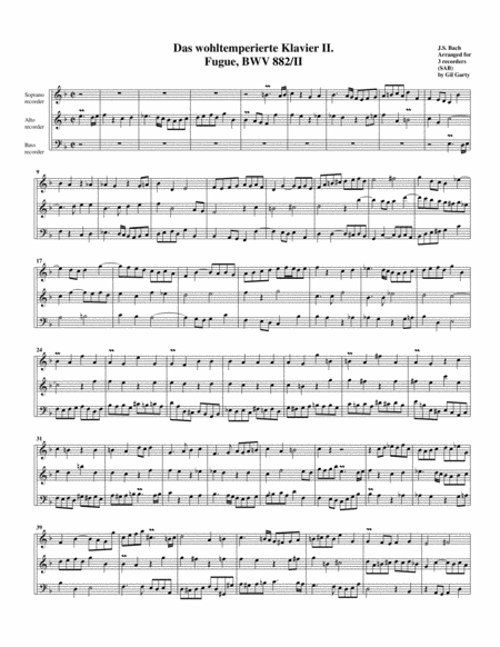 Fugue From Das Wohltemperierte Klavier Ii Bwv 882 Ii Arrangement For 3 Recorders Sheet Music