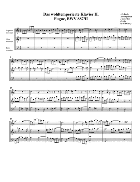 Fugue From Das Wohltemperierte Klavier Ii Bwv 887 Ii Arrangement For 3 Recorders Sheet Music