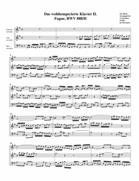 Fugue From Das Wohltemperierte Klavier Ii Bwv 888 Ii Arrangement For 3 Recorders Sheet Music