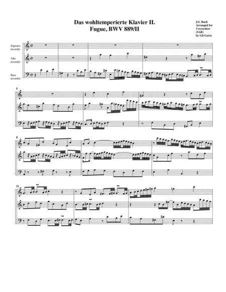 Fugue From Das Wohltemperierte Klavier Ii Bwv 889 Ii Arrangement For 3 Recorders Sheet Music