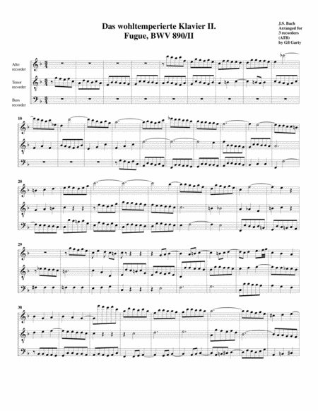 Fugue From Das Wohltemperierte Klavier Ii Bwv 890 Ii Arrangement For 3 Recorders Sheet Music