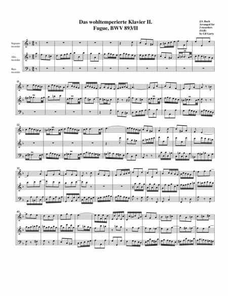 Fugue From Das Wohltemperierte Klavier Ii Bwv 893 Ii Arrangement For 3 Recorders Sheet Music