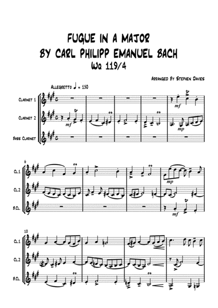 Fugue In A Major By Carl Philipp Emanuel Bach Wq 119 4 For Clarinet Trio Sheet Music