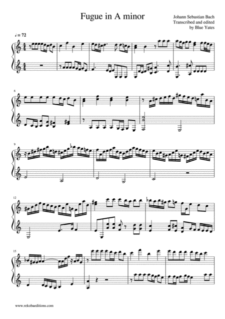 Fugue In A Minor Johann Sebastian Bach Sheet Music