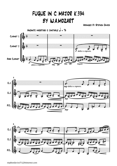 Free Sheet Music Fugue In C Major By W A Mozart K394 For Clarinet Trio