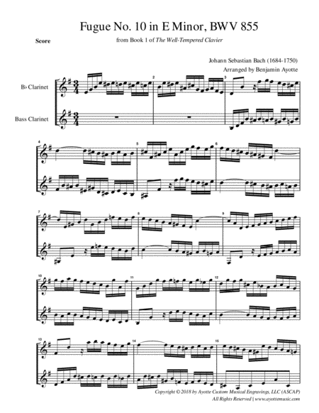 Fugue No 10 In E Minor From Wtc Book 1 For Clarinet Bass Clarinet Duet Sheet Music