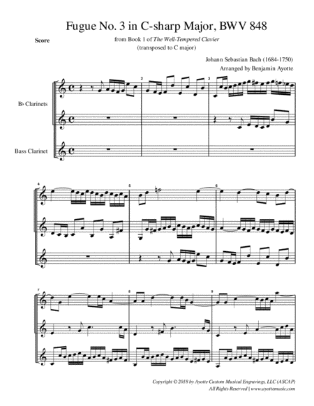 Fugue No 3 In C Major Wtc Book 1 For Clarinet Trio Transposed To C Major Sheet Music