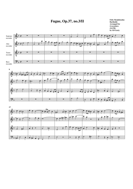 Fugue Op 37 No 3 Ii Arrangement For 4 Recorders Sheet Music