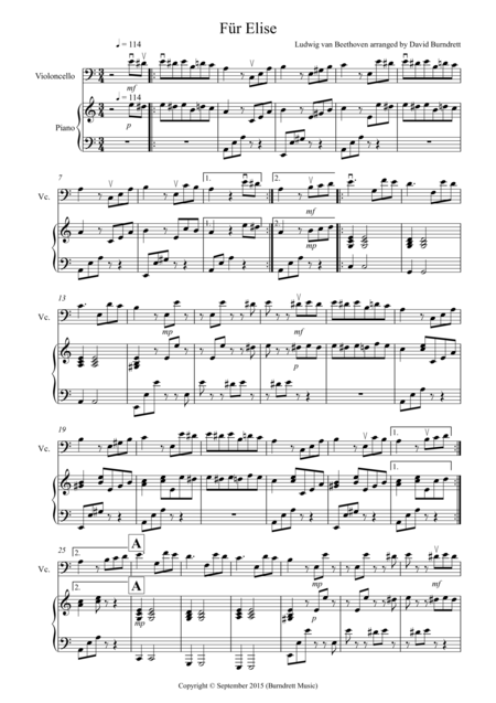 Fur Elise For Cello And Piano Sheet Music