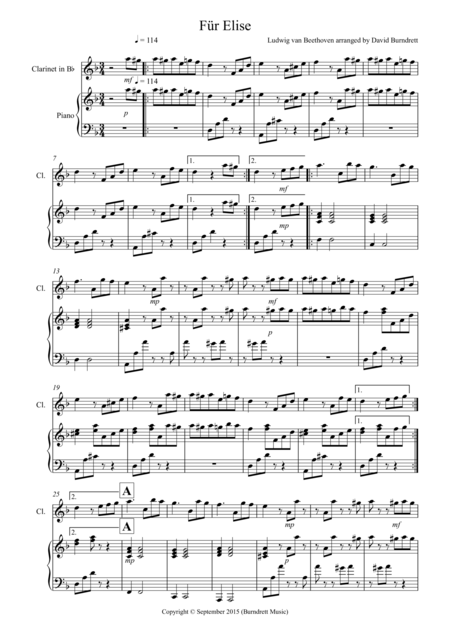 Fur Elise For Clarinet And Piano Sheet Music