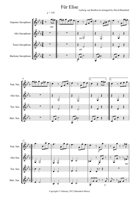 Fur Elise For Saxophone Quartet Sheet Music