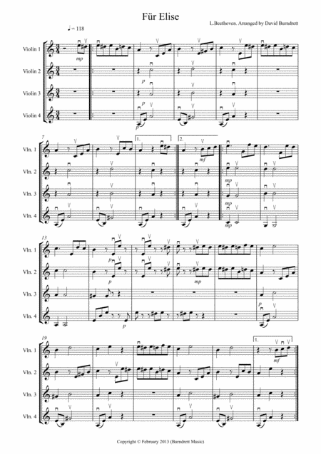 Fur Elise For Violin Quartet Sheet Music