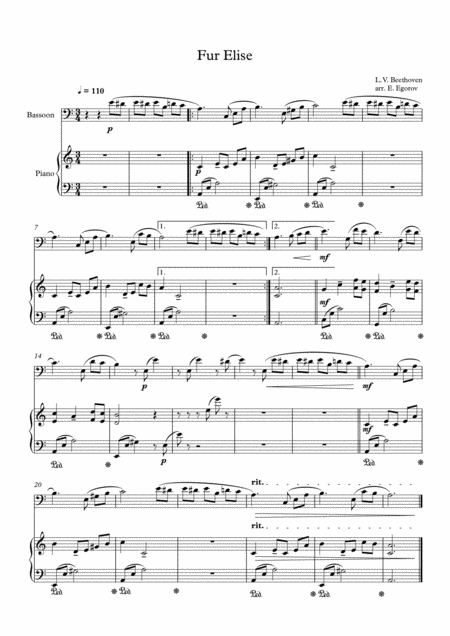 Fur Elise Ludwig Van Beethoven For Bassoon Piano Sheet Music