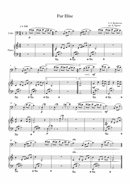 Fur Elise Ludwig Van Beethoven For Cello Piano Sheet Music