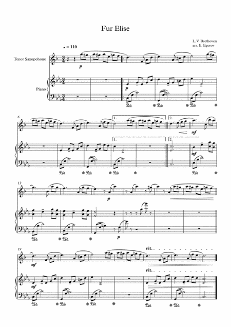 Fur Elise Ludwig Van Beethoven For Tenor Saxophone Piano Sheet Music