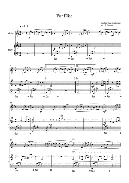 Fur Elise Ludwig Van Beethoven For Violin Piano Sheet Music