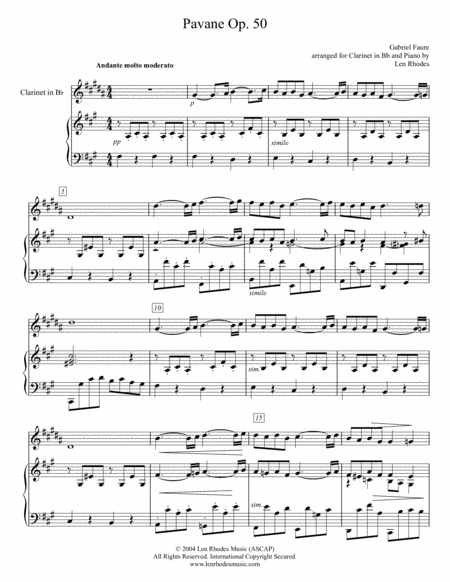 Gabriel Faur Pavane Arranged For Clarinet In Bb And Piano Sheet Music