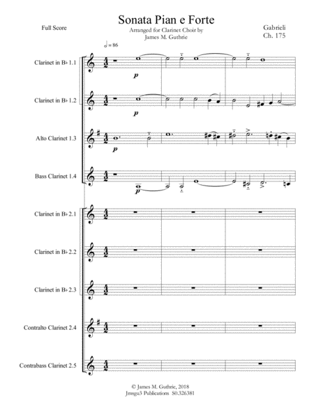 Gabrieli Sonata Pian E Forte Ch 175 For Clarinet Choir Sheet Music