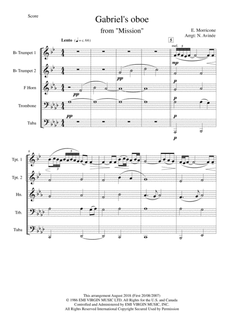 Gabriels Oboe Brass Quintet Sheet Music