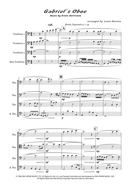 Gabriels Oboe Ennio Morricone Trombone Quartet Sheet Music