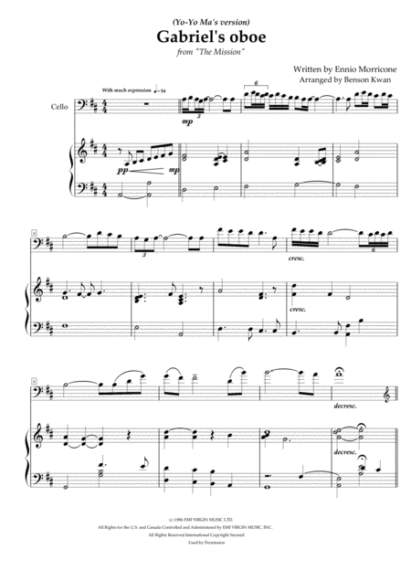 Free Sheet Music Gabriels Oboe From The Mission Yo Yo Mas Version Arranged For Cello Piano Duet