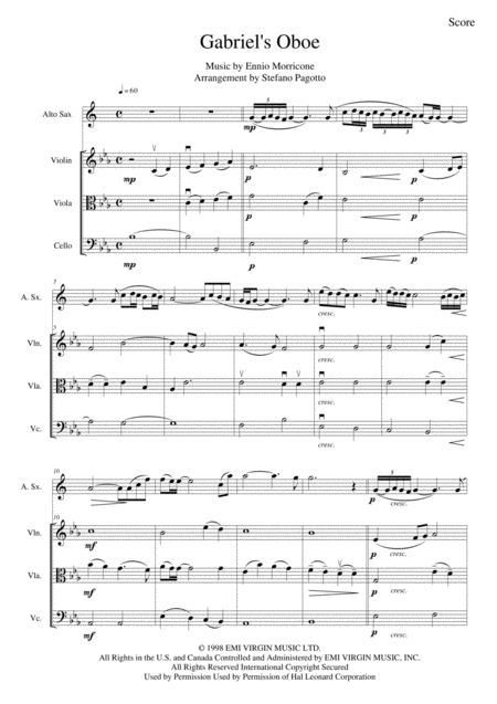 Gabriels Oboe Nella Fantasia For Alto Sax Or Eb Instrument And String Trio From The Mission Soundtrack Sheet Music