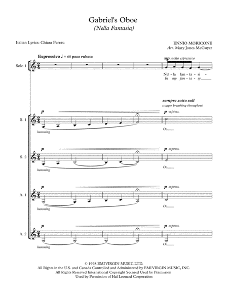 Gabriels Oboe Nella Fantasia For Ladies A Cappella Solo 1 Solo 2 Solo 3s S A A Sheet Music