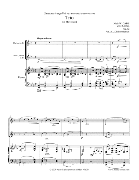 Gade Allegro Animato 1st Movement From Piano Trio Bb Clarinet Bass Clarinet And Piano Sheet Music