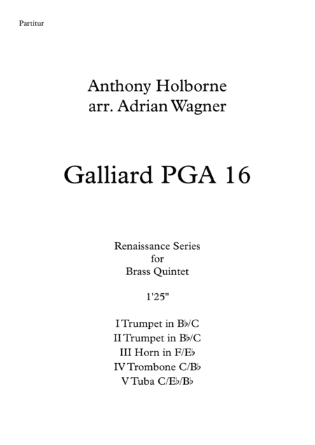 Galliard Pga 16 Anthony Holborne Brass Quintet Arr Adrian Wagner Sheet Music