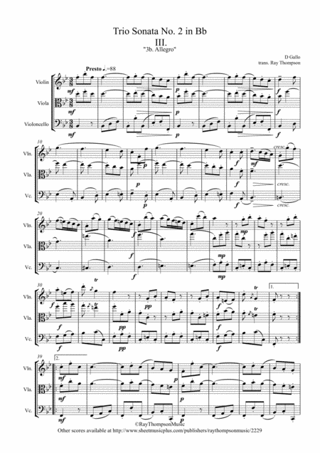 Gallo Trio Sonata No 2 In Bb Mvt 3 The Original Baroque Music Used In The Derivative Pulcinella Suite 3b Allegro From Scherzino String Trio Sheet Music