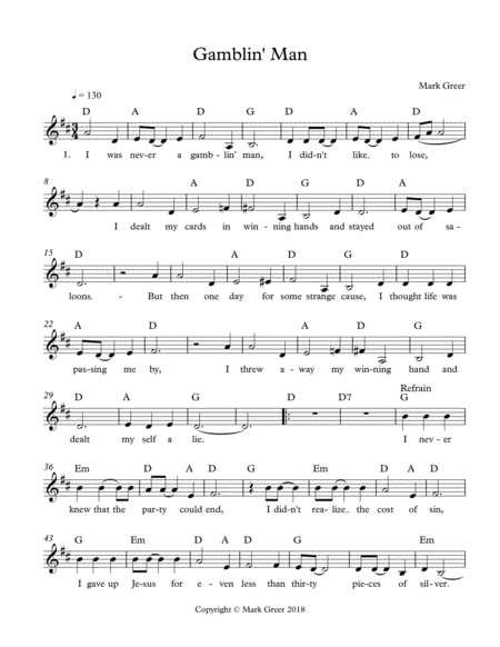 Free Sheet Music Gamblin Man