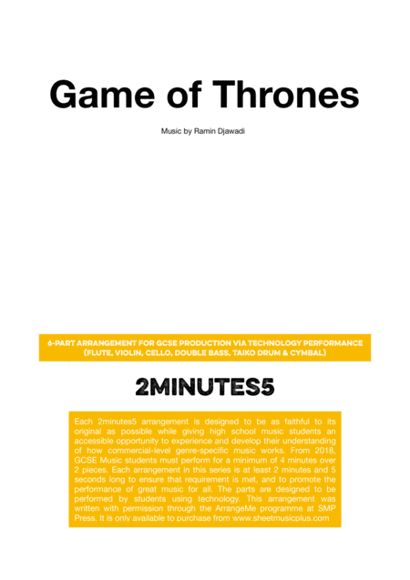 Game Of Thrones 2minutes5 Arrangement For Gcse Music Production Via Technology Performance Sheet Music