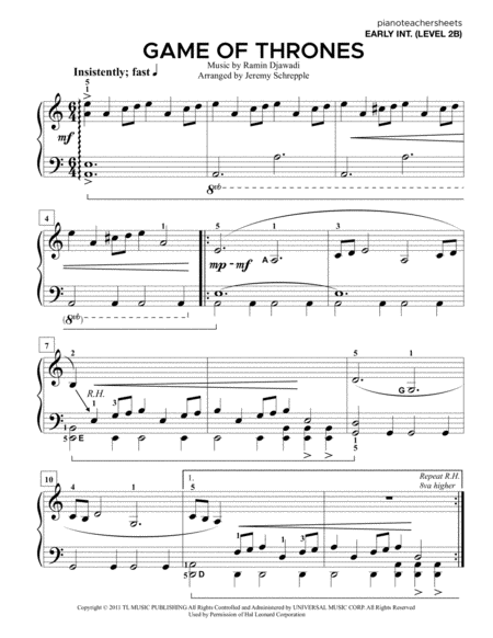 Game Of Thrones Early Intermediate Level 2b Sheet Music