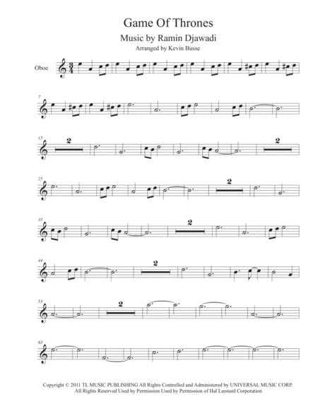 Game Of Thrones Easy Key Of C Oboe Sheet Music