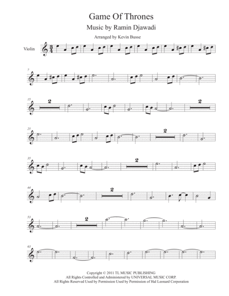 Game Of Thrones Easy Key Of C Violin Sheet Music