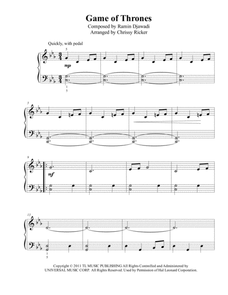 Game Of Thrones Easy Piano Sheet Music