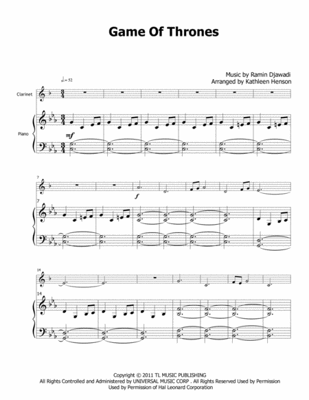 Game Of Thrones For Solo Clarinet Sheet Music