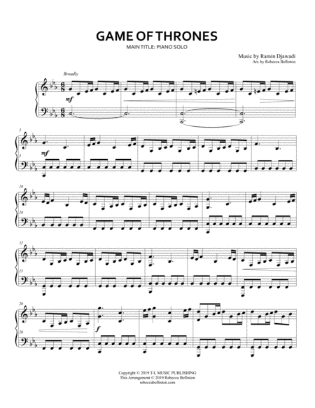 Game Of Thrones Main Title Theme Piano Solo Sheet Music