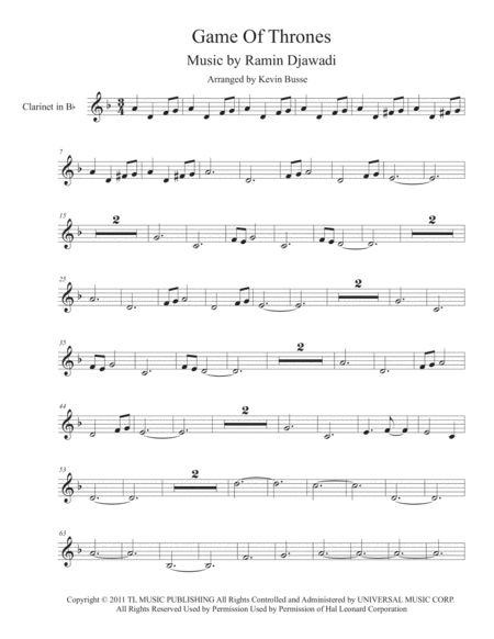 Game Of Thrones Original Key Clarinet Sheet Music