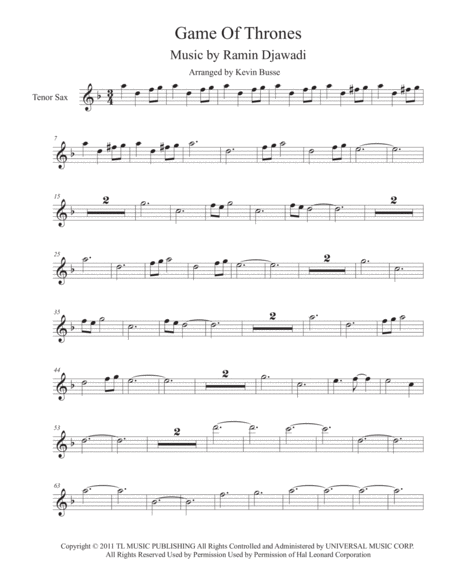 Game Of Thrones Original Key Tenor Sax Sheet Music