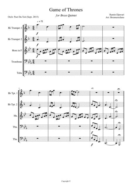 Game Of Thrones Ramin Djawadi Brass Quintet Sheet Music