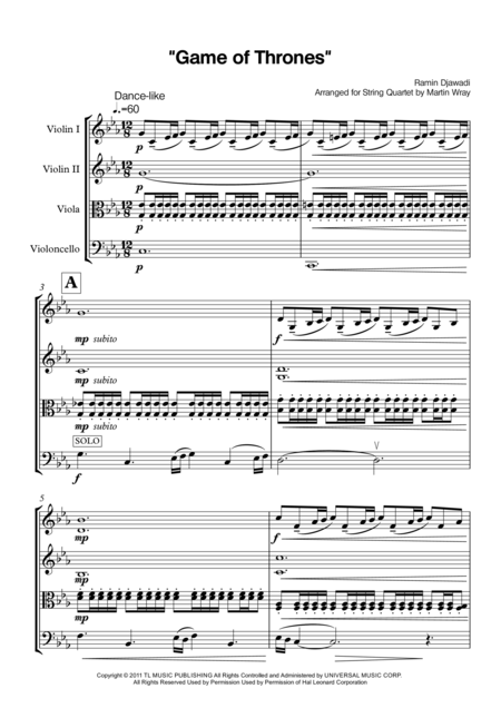 Game Of Thrones String Quartet Sheet Music