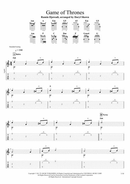 Game Of Thrones Theme For Solo Fingerstyle Guitar Sheet Music