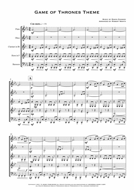 Game Of Thrones Theme For Wind Quintet Sheet Music