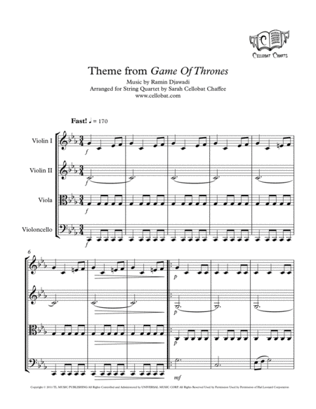 Game Of Thrones Theme String Quartet Ramin Djawadi Arr Cellobat Recording Available Sheet Music